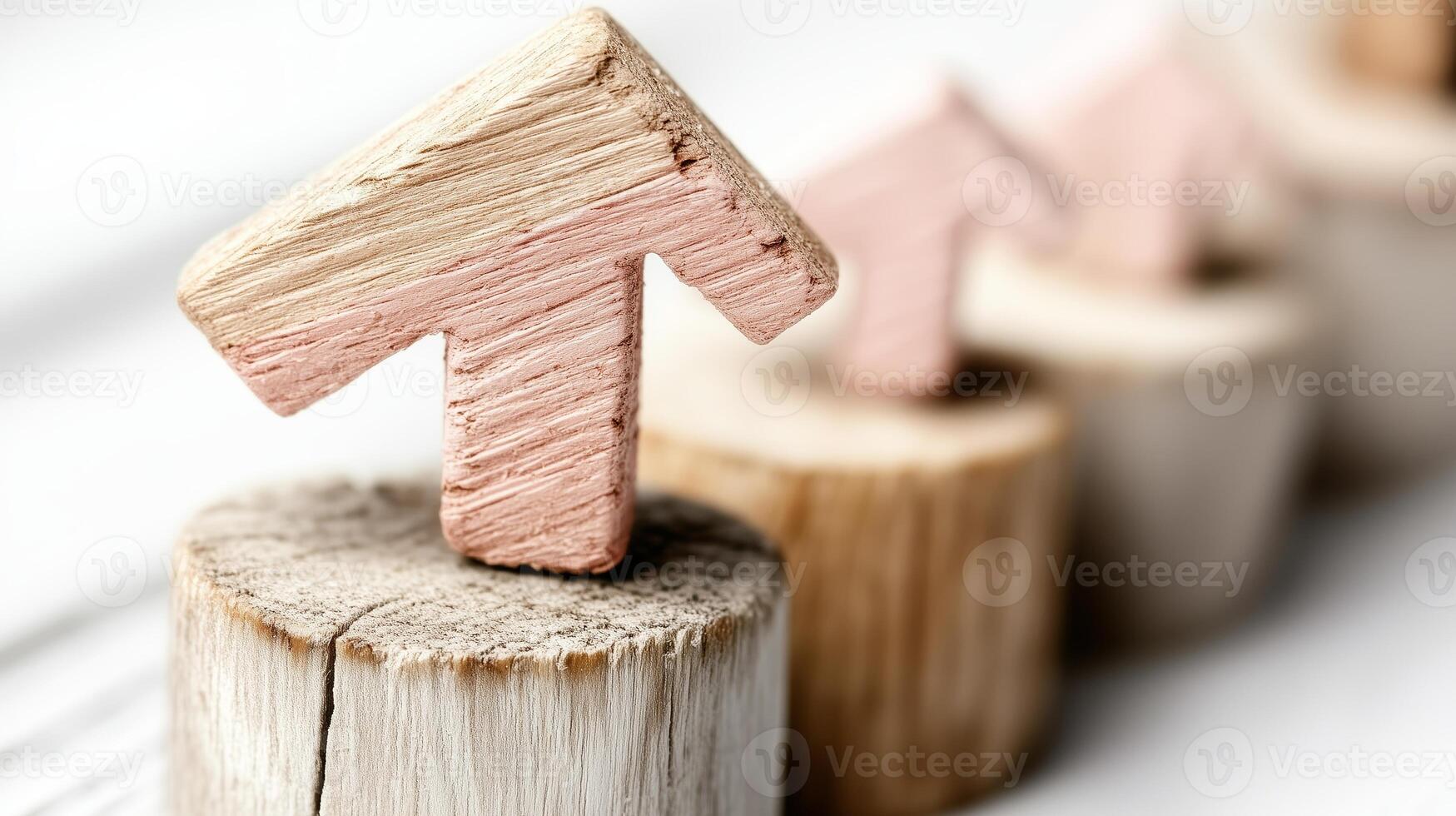Wooden arrows pointing upward arranged on rustic wooden bases symbolize growth and progress in personal development photo