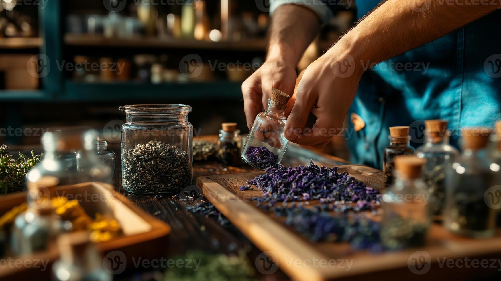 Herbalist prepares dried flowers and herbs for crafting natural remedies in workshop during afternoon photo