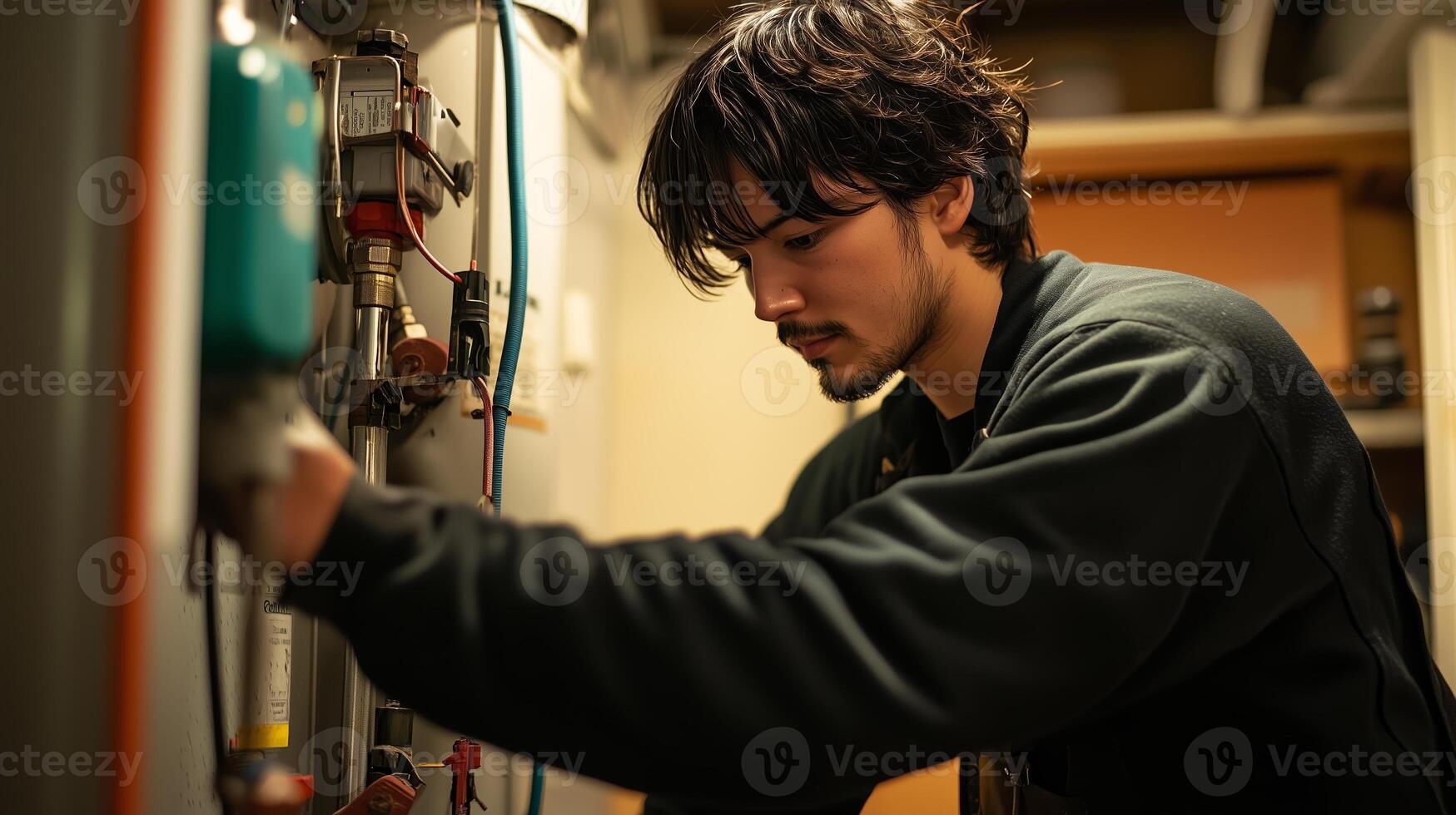 Repairing a water heater in a residential home during the afternoon hours by a skilled technician photo