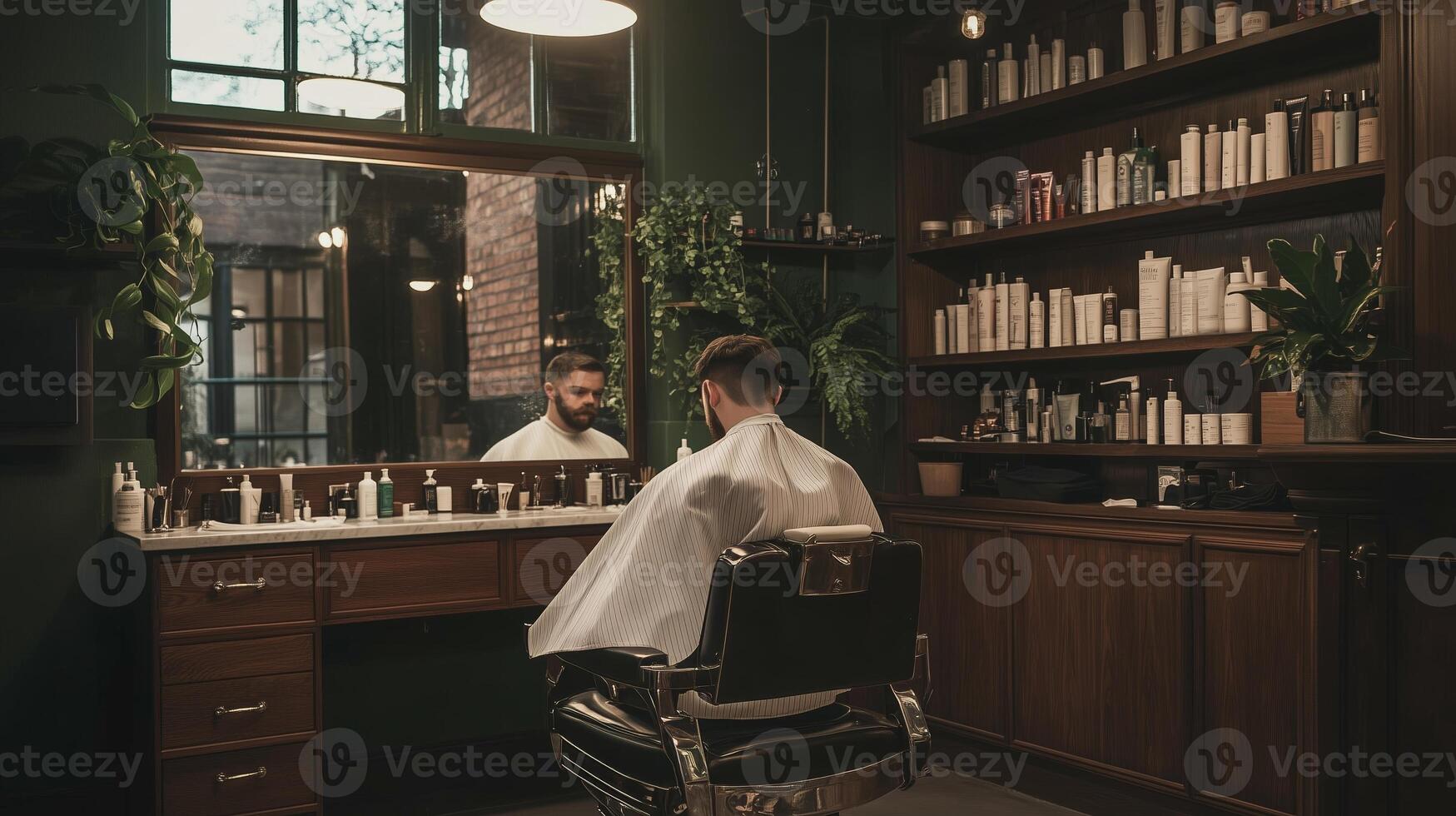 Barbershop interior with a customer receiving a haircut in a vintage-style setting photo