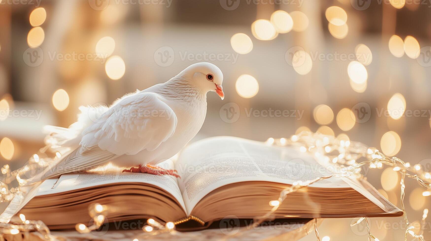 White dove perched on an open book surrounded by warm lights in a cozy setting photo
