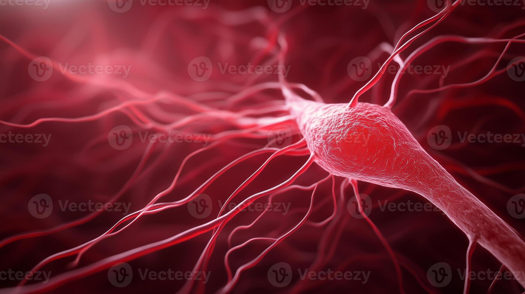 Detailed view of a neuron with long axons and dendrites illuminated in red, showcasing intricate structures and connections in the nervous system photo