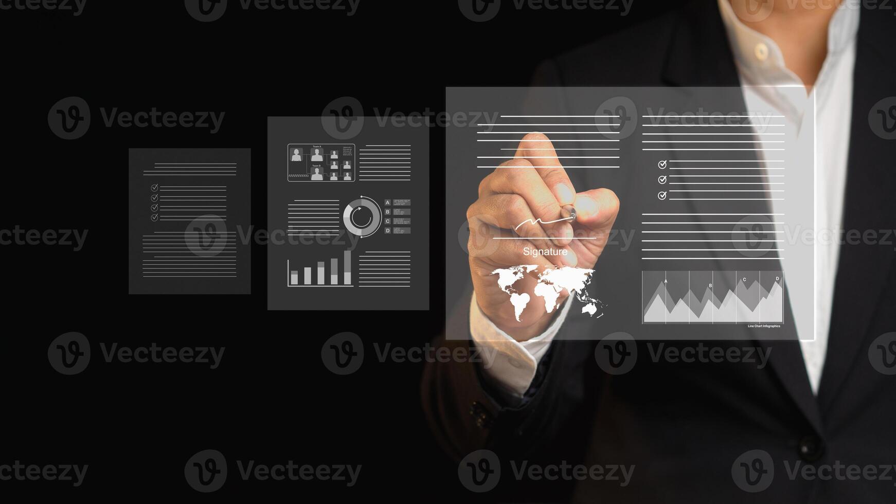 Close-up of a businessman uses a pen to sign electronic documents on a virtual screen while standing. photo