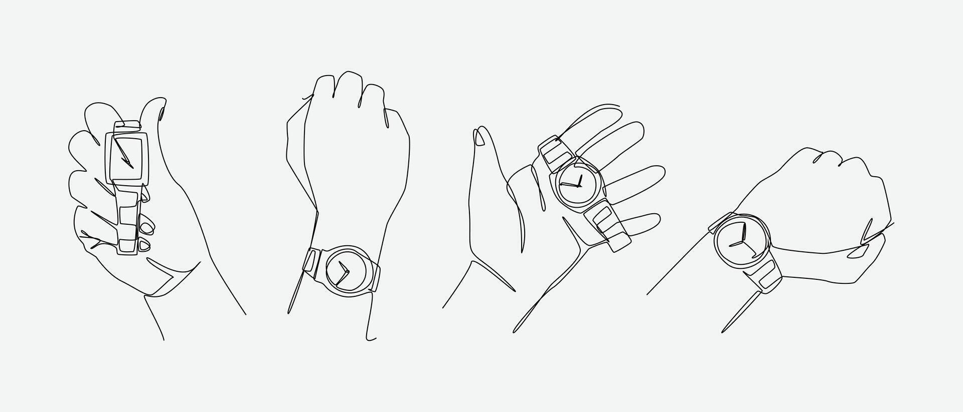 Set of drawing of hands holding and interacting with wrist watch in continuous one line drawing style. Editable line illustration vector