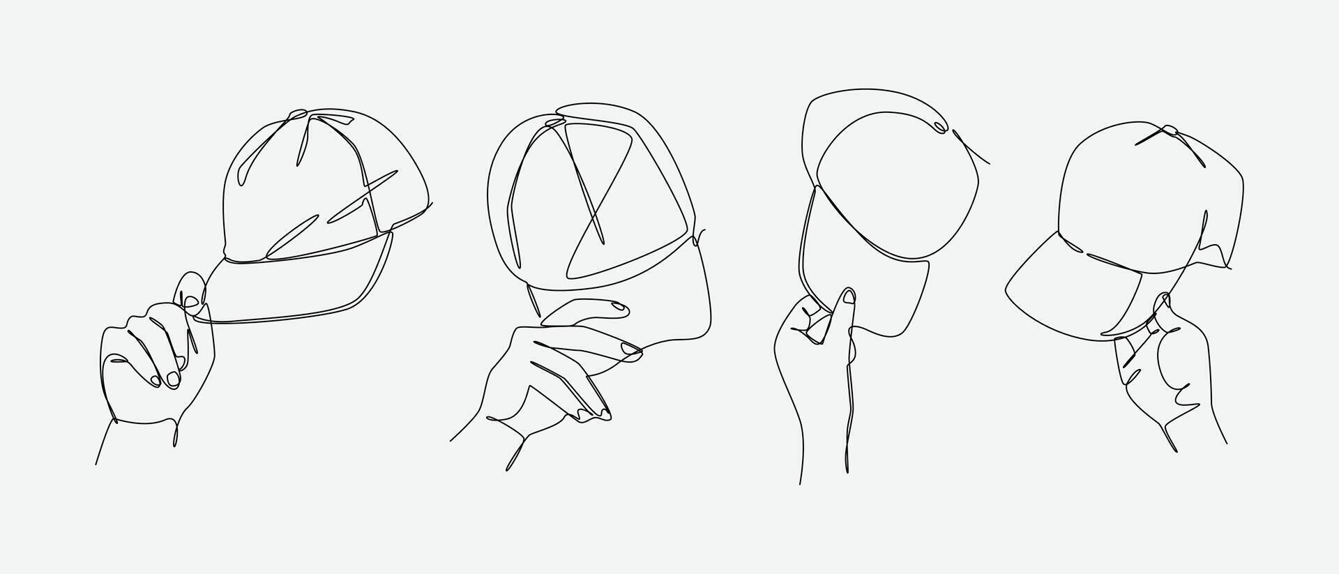 Set of drawing of hands holding baseball cap in continuous one line drawing style. Casual fashion, headwear accessories concept. Editable line illustration vector