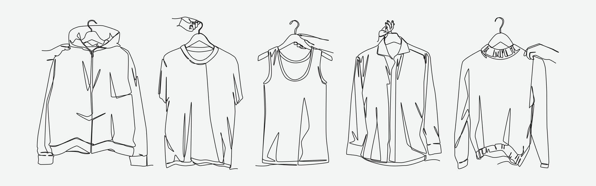 Set of drawing of hands holding hoodie, t shirt, tank top, jacket, and sweater in continuous one line drawing style. Clothing, fashion, top concept. Editable line illustration vector