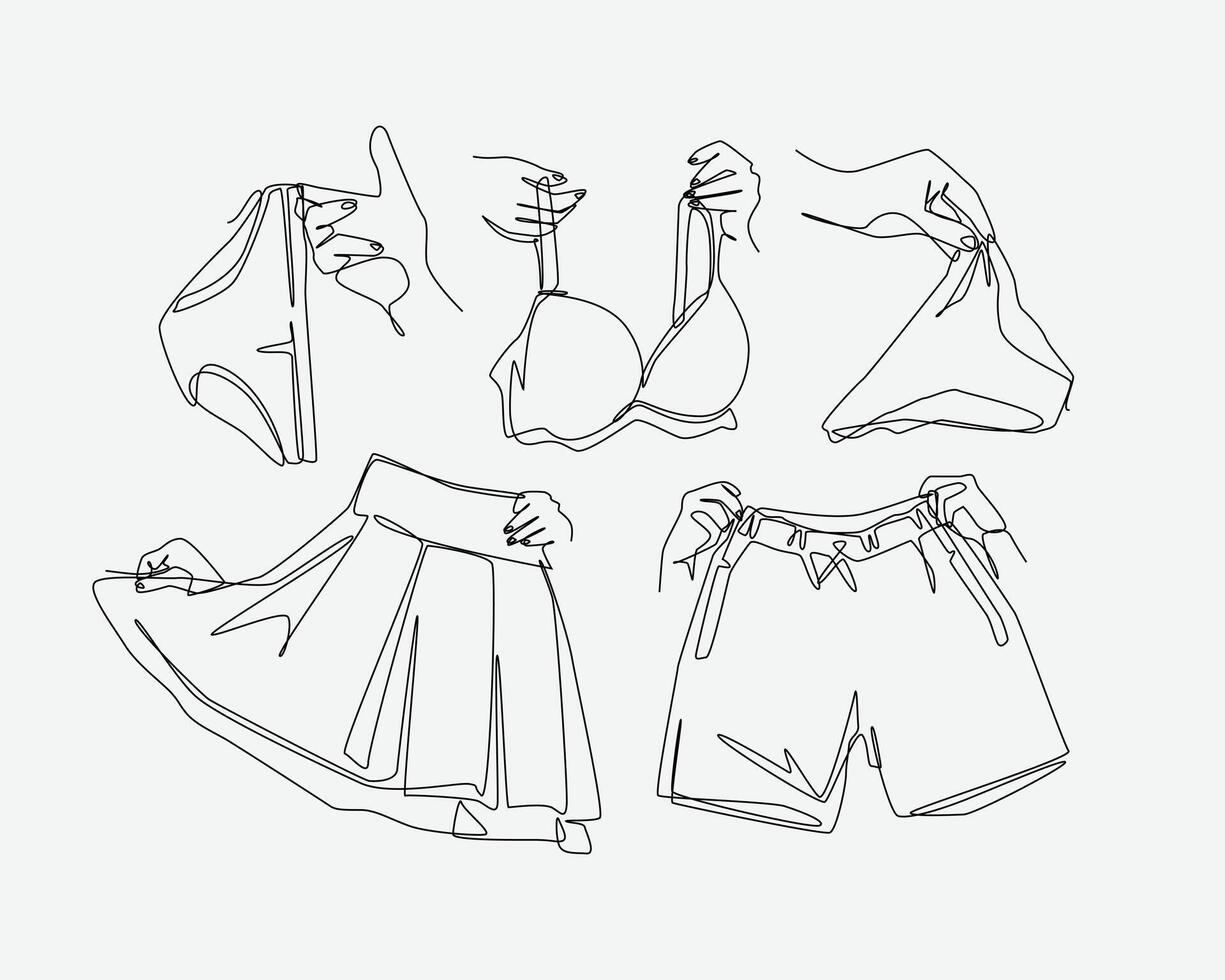 Set of drawing of hands holding bra, brief, g string, skirt, and short pant in continuous one line drawing style. Clothing, underwear concept. Editable line illustration vector