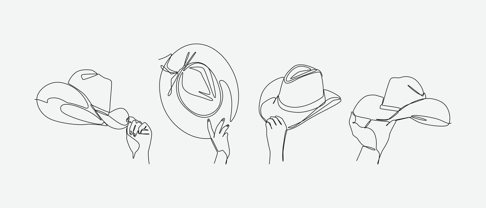 Set of drawing of hands holding cowboy hat in continuous one line drawing style. Western, wild west, fashion concept. Editable line illustration vector