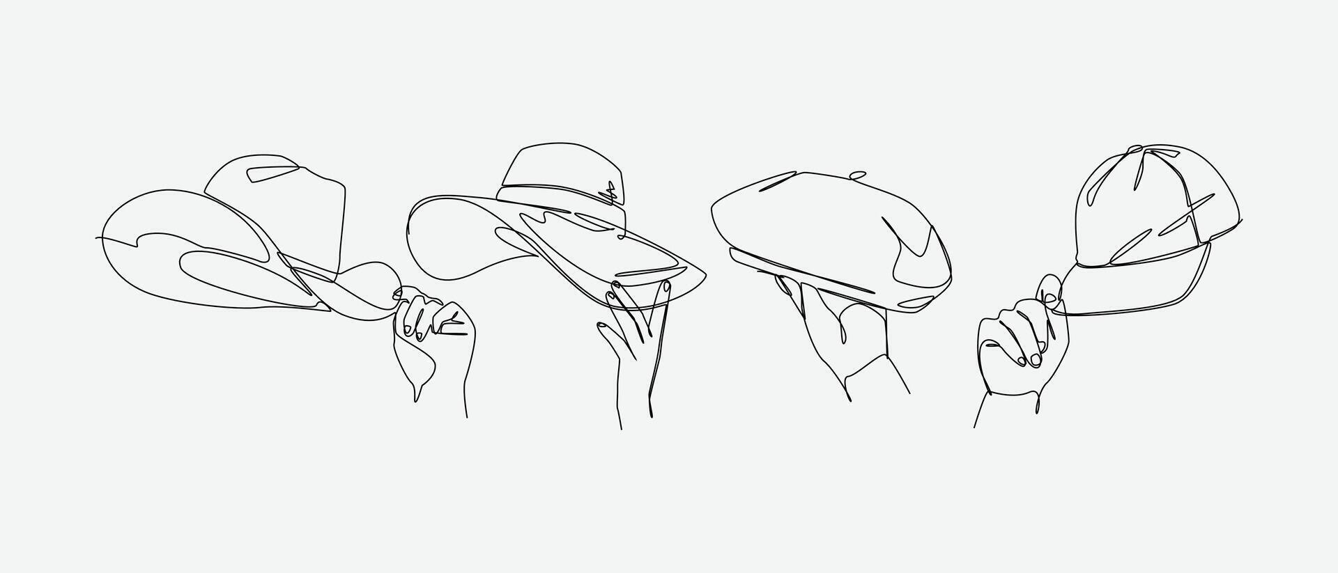 Set of drawing of hands holding cowboy hat, straw hat, beret, and baseball cap in continuous one line drawing style. Clothing, headwear, fashion concept. Editable line illustration vector