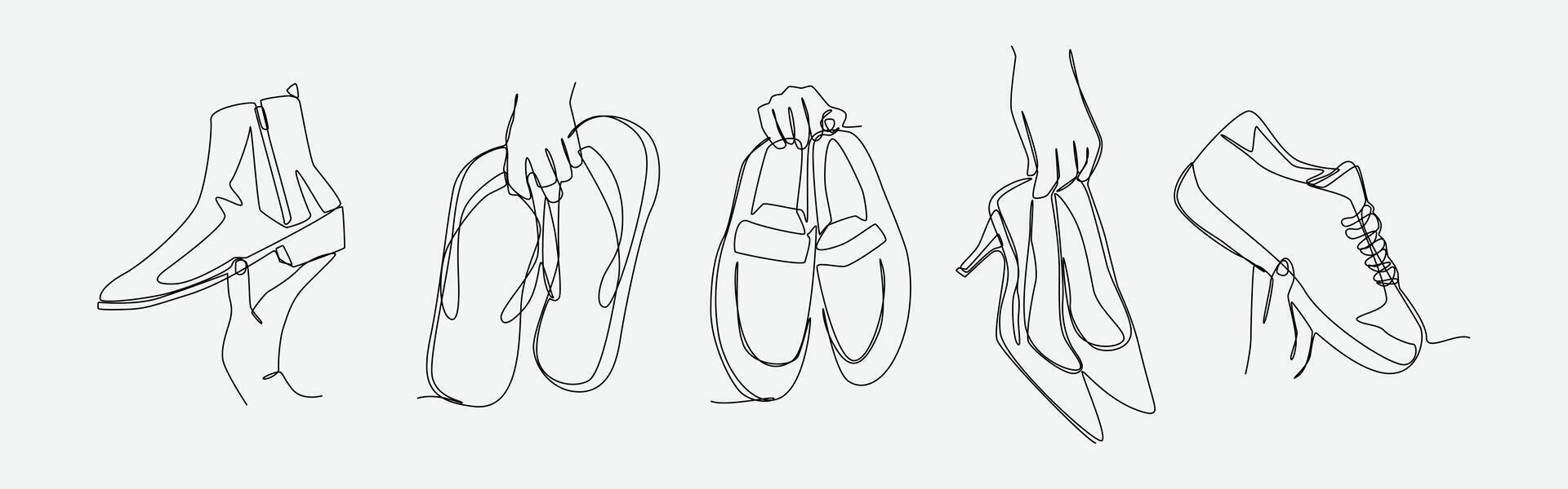 Set of drawing of hands holding boots, flip flops, loafers, high heels, and sneakers in continuous one line drawing style. Clothing, headwear concept. Editable line illustration vector
