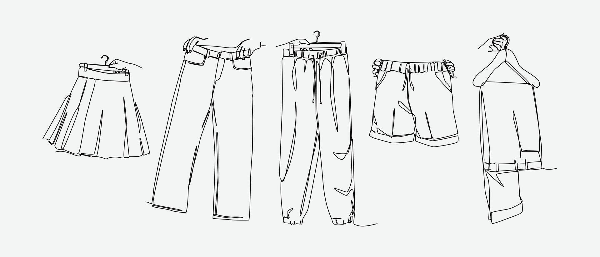 Set of drawing of hands holding skirts, jeans, trousers, shorts, and jogger pants in continuous one line drawing style. Clothing, fashion bottoms concept. Editable line illustration vector