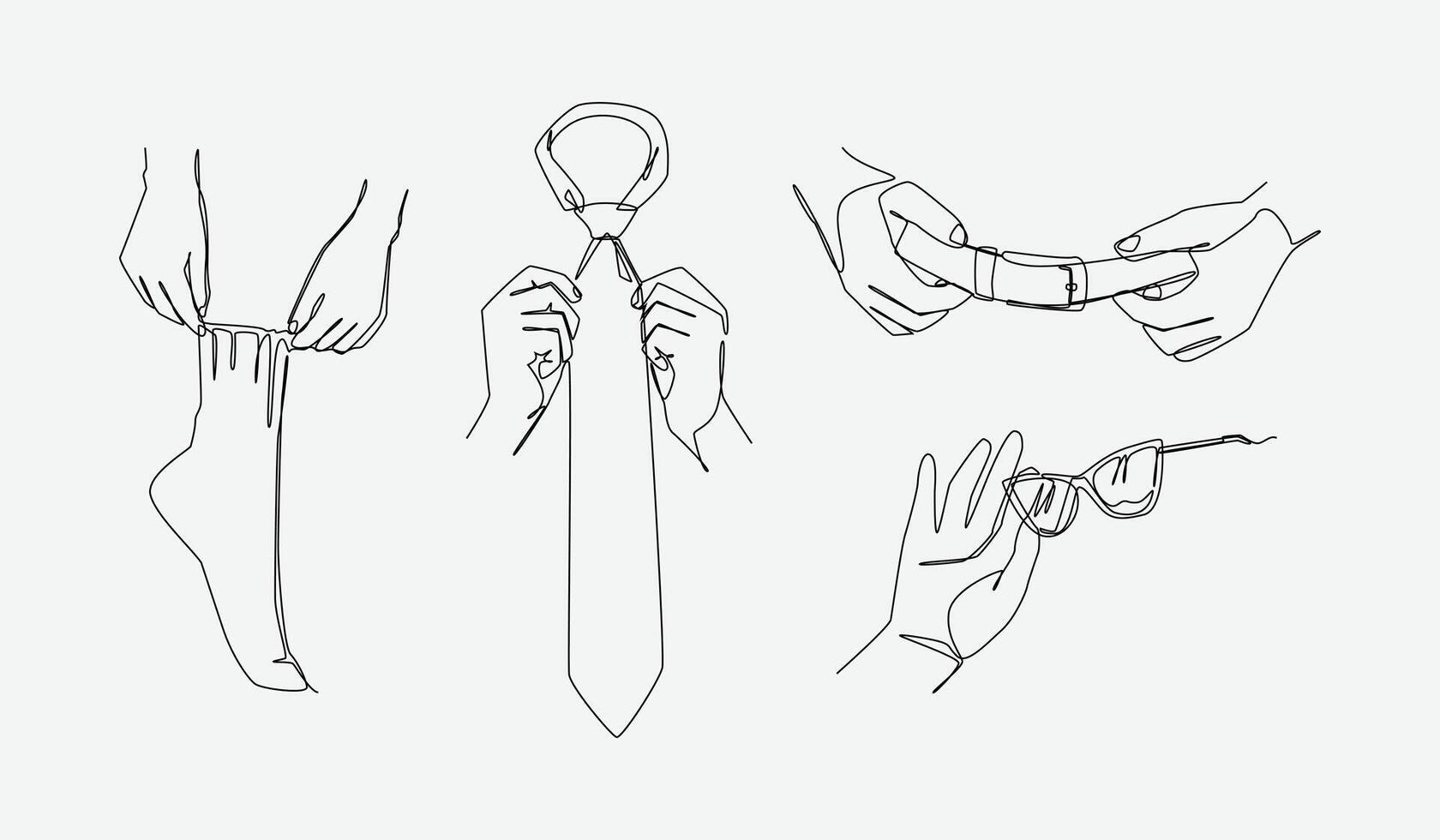 Set of drawing of hands holding sock, tie, belt, and glasses in continuous one line drawing style. Clothing accessories concept. Editable line. illustration vector