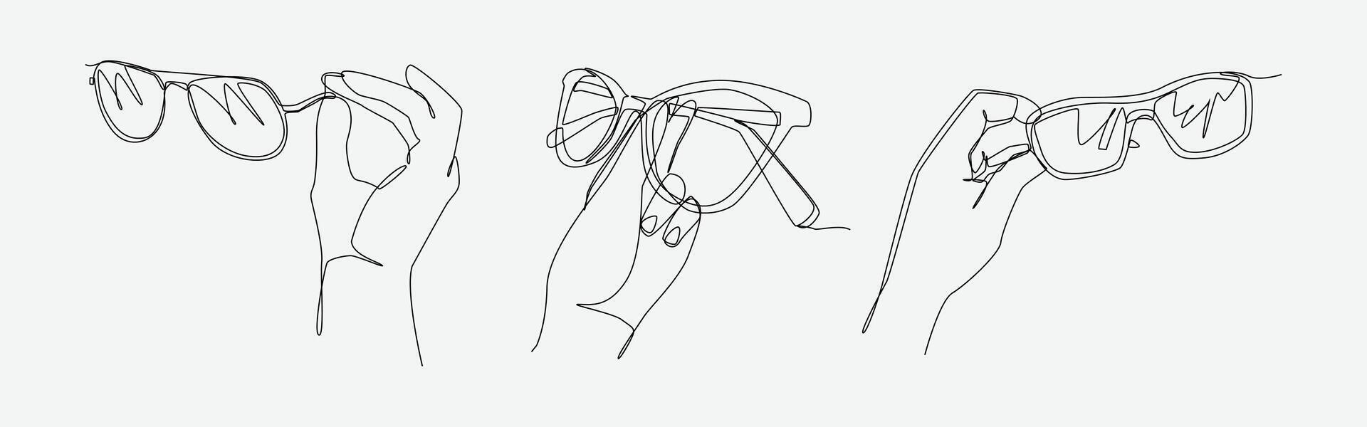 Set of drawing of hands holding different glasses in continuous one line drawing style. Accessory, fashion concept. Editable line illustration vector