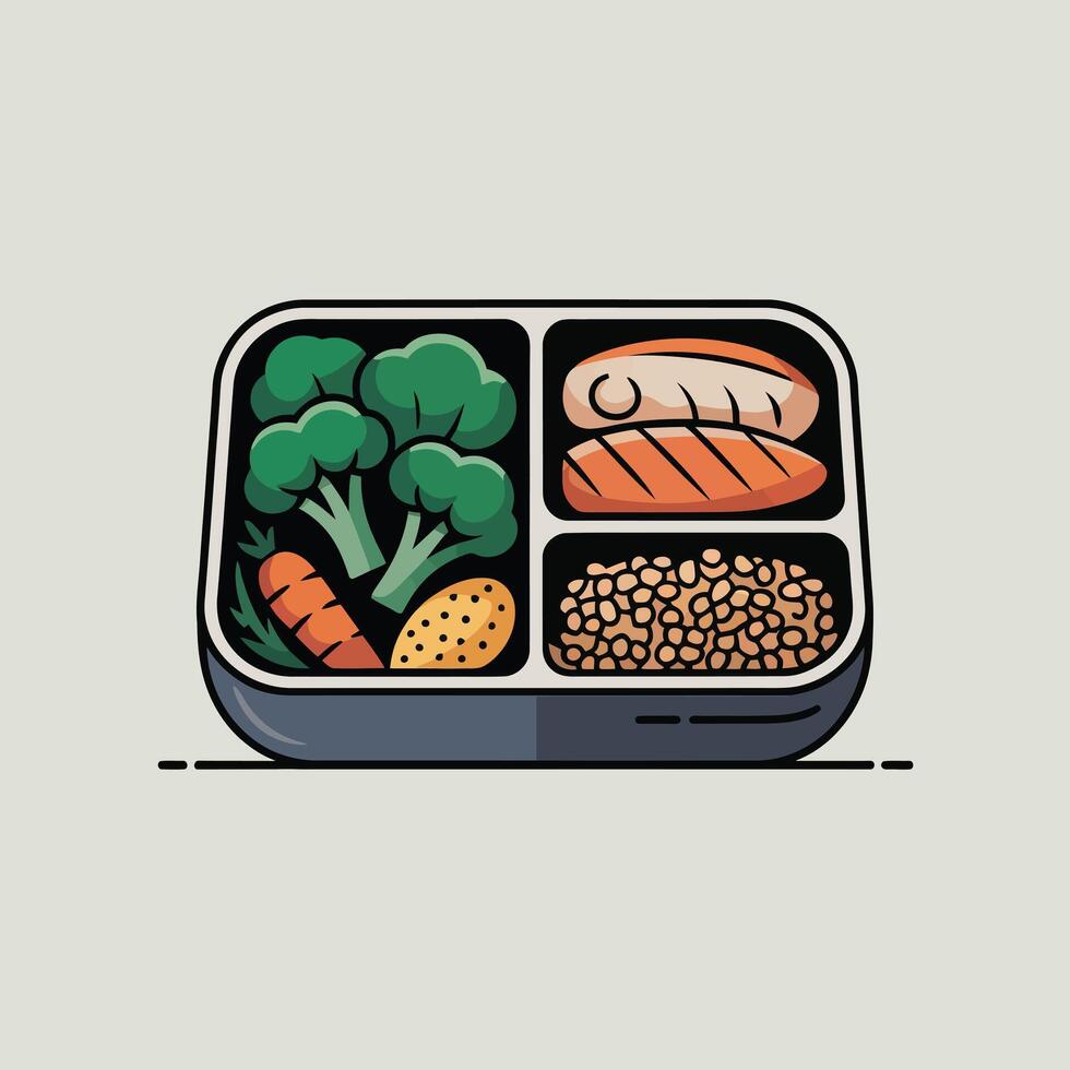 Healthy Meal Prep Bento Box Broccoli Salmon Lentils Carrots vector