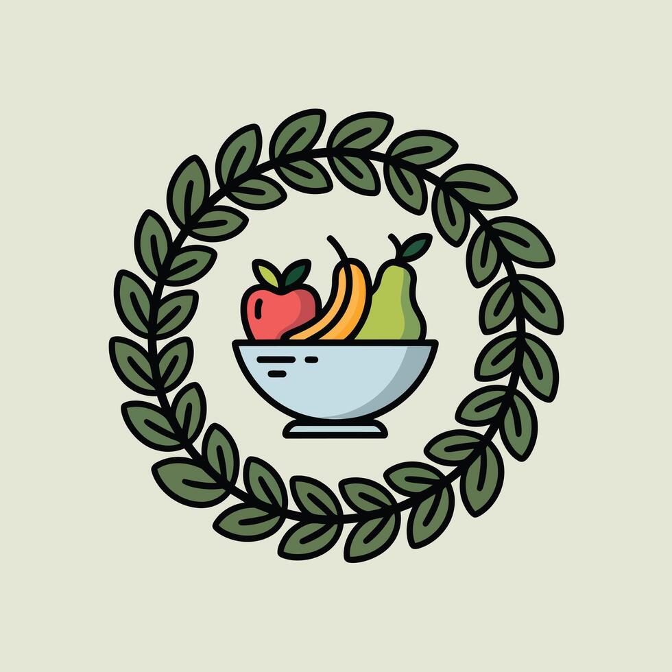 Fruit Bowl with Apple Banana Pear Green Leaf Wreath vector