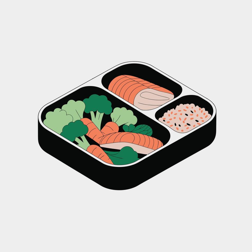Healthy Meal Prep Bento Box Salmon Broccoli Carrots Rice vector