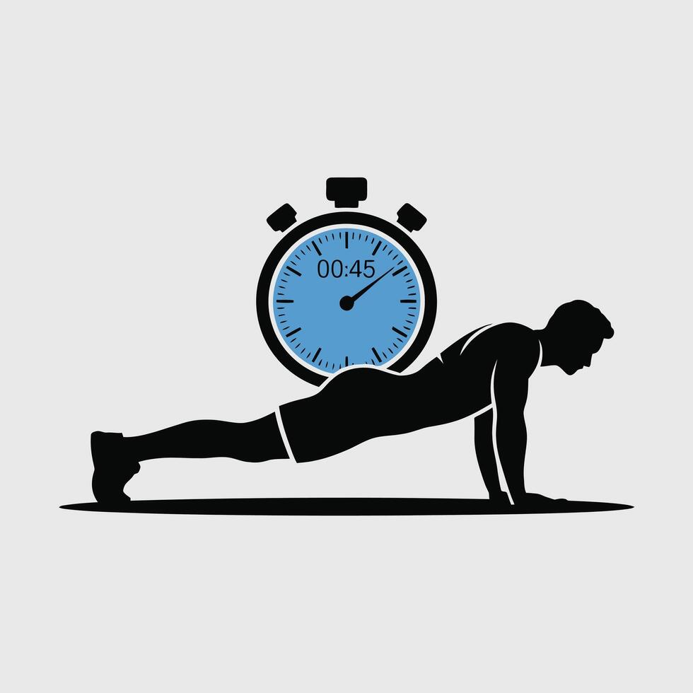 Man Performing Plank Exercise Stopwatch Timer 45 Seconds Fitness Workout vector