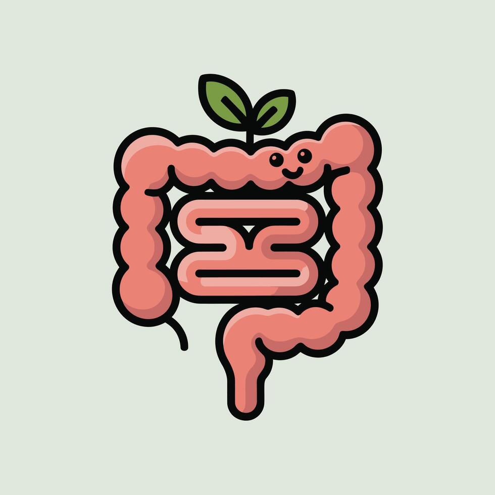 Happy Cartoon Intestine with Green Sprout colon digestive system vector