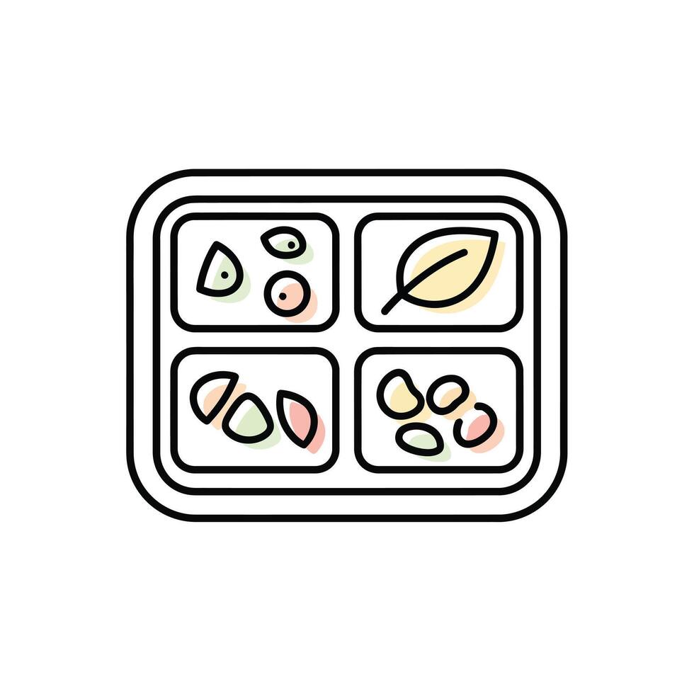 Divided Tray with Colorful Food and Leaf Illustration vector