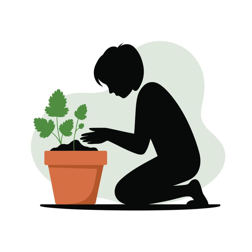 Child Silhouette Kneeling Planting Green Herb Terracotta Pot vector