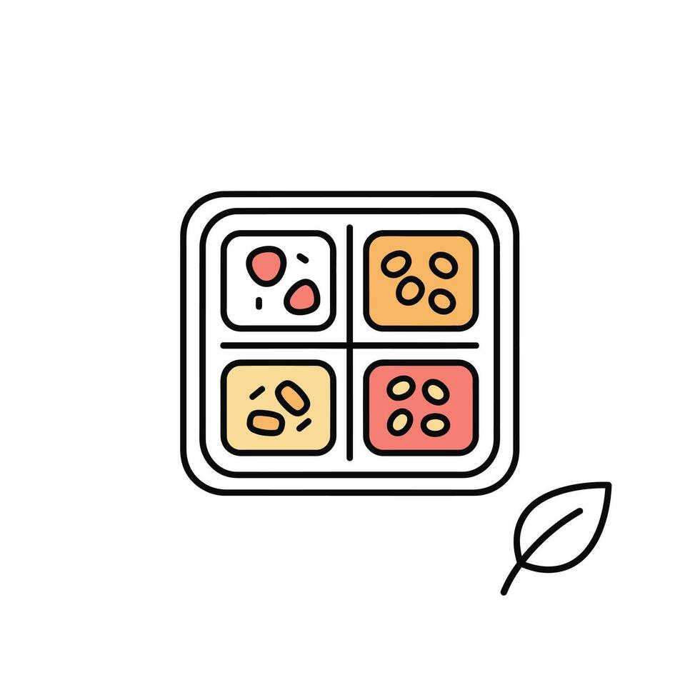 Four Compartment Food Tray with Assorted Snacks and Leaf vector