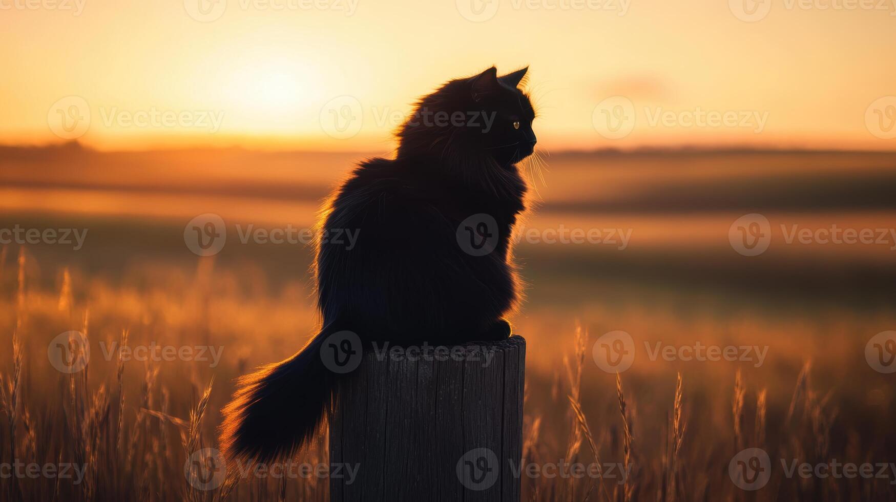 Majestic black cat sits silhouetted against a stunning vibrant sunset in a serene countryside setting photo