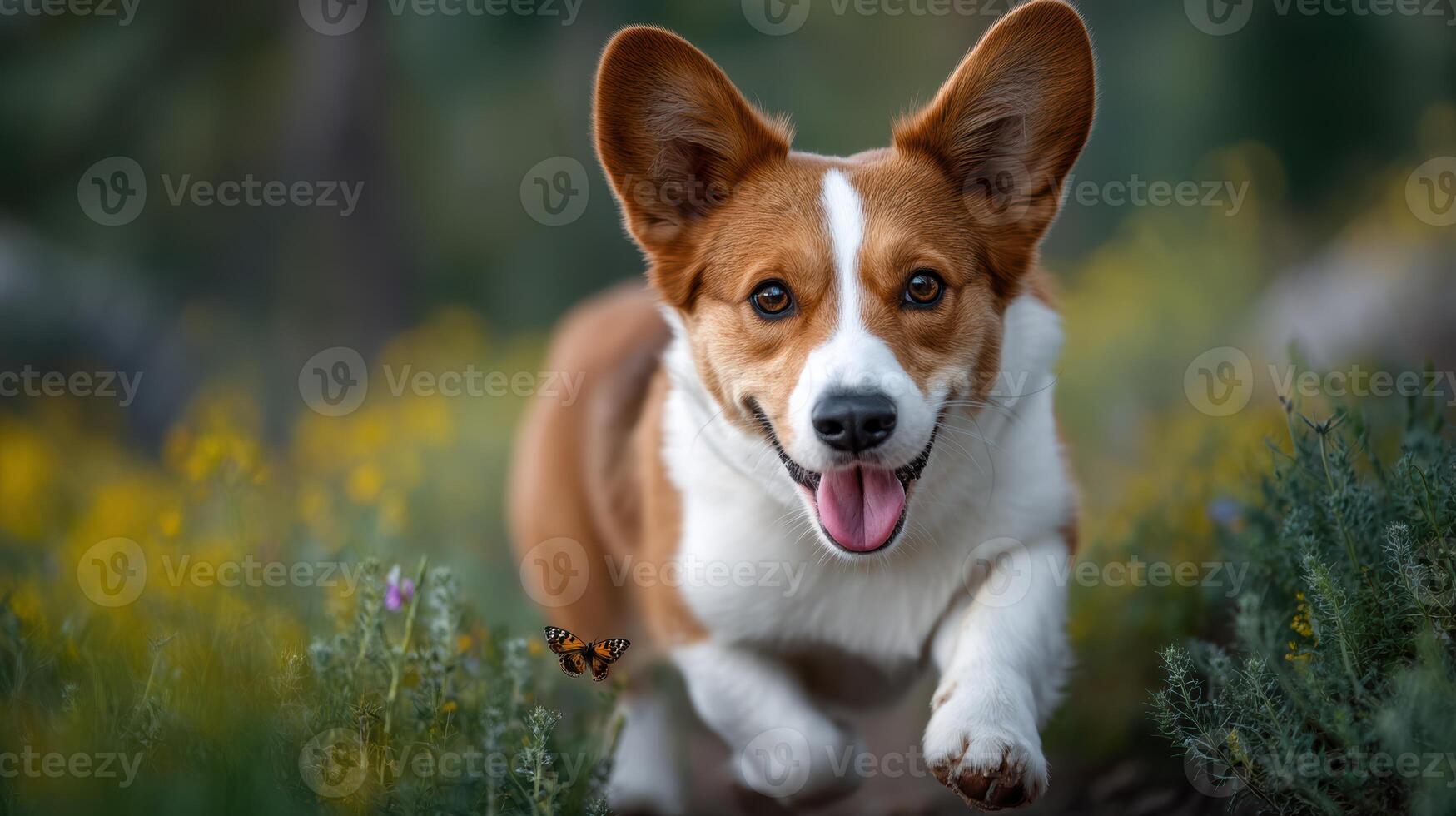A happy Cardigan Welsh Corgi runs joyfully through a vibrant wildflower field on a sunny day with a monarch butterfly photo
