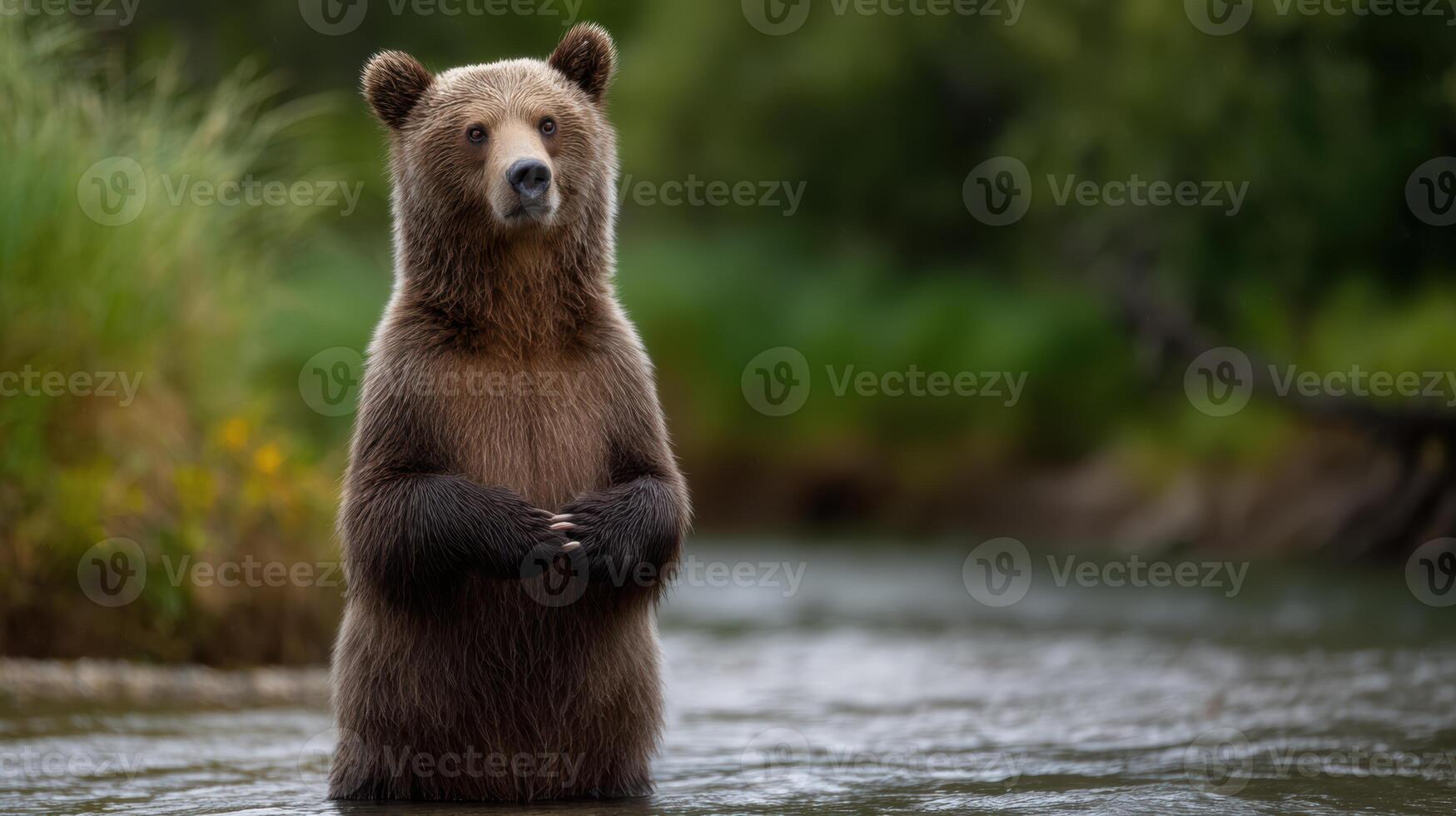 A brown bear standing alert in a river surrounded by green forest showcasing wild animals in their natural habitat photo