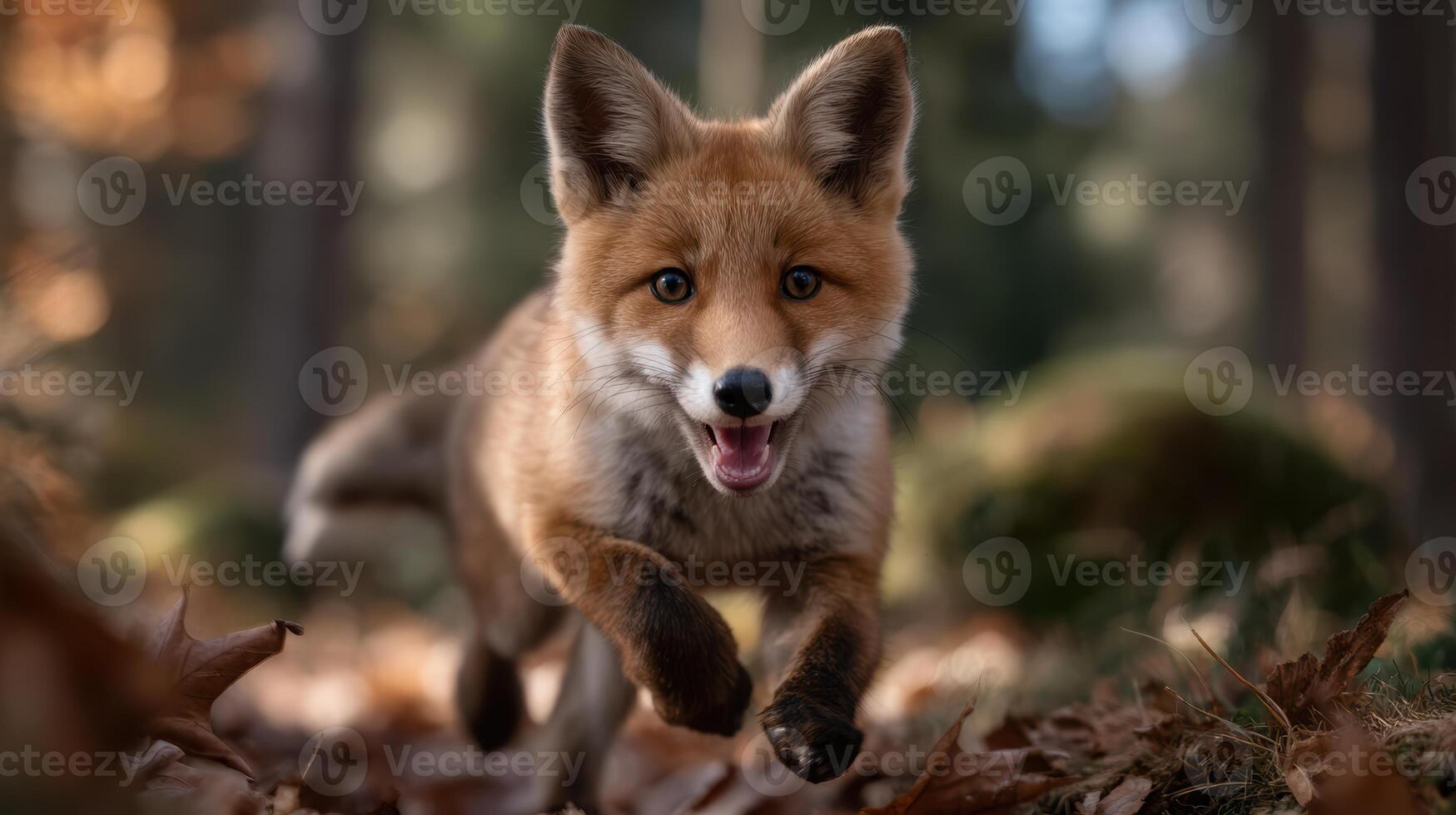 Joyful red fox runs playfully through a colorful autumn forest capturing the essence of wildlife in its natural habitat photo