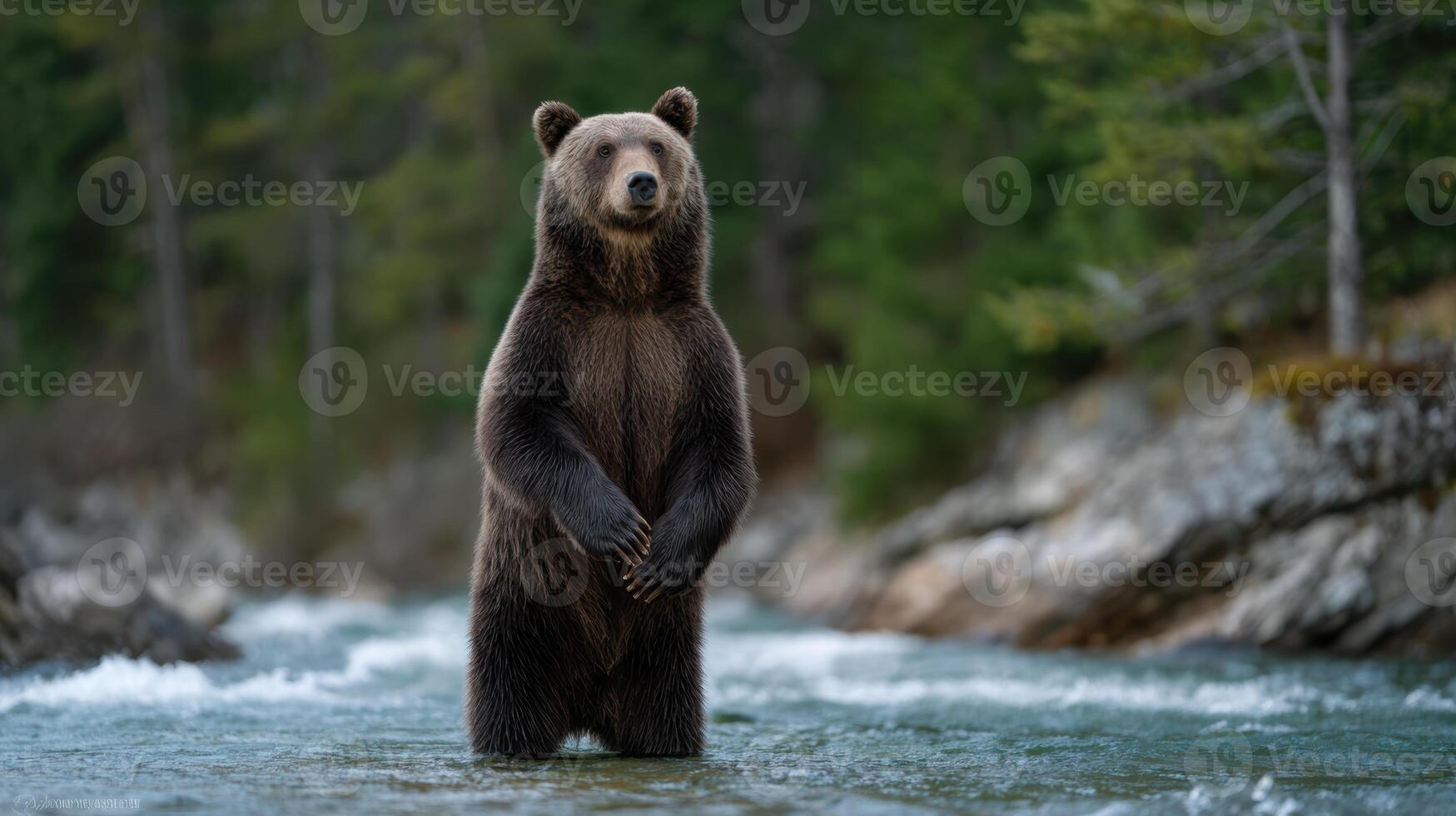Majestic brown bear stands in a river surrounded by a lush forest creating a serene and captivating nature scene photo