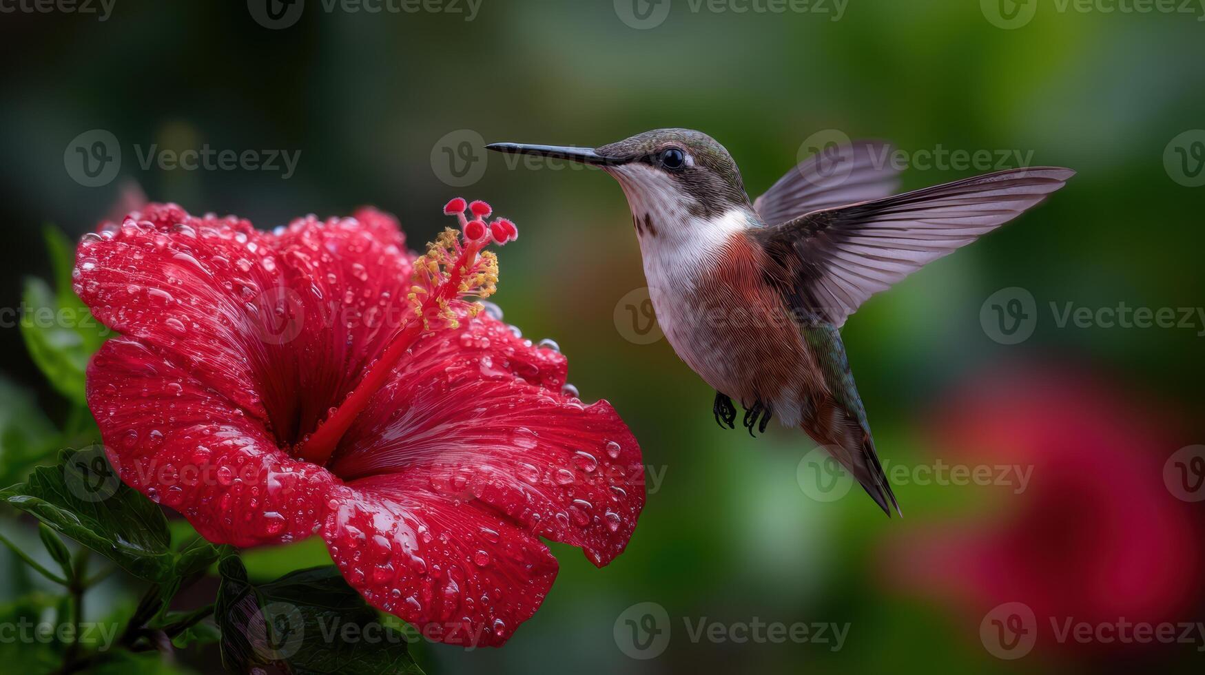 Hummingbird gracefully approaching a vibrant red hibiscus flower in a lush garden capturing beauty of nature and wildlife photo