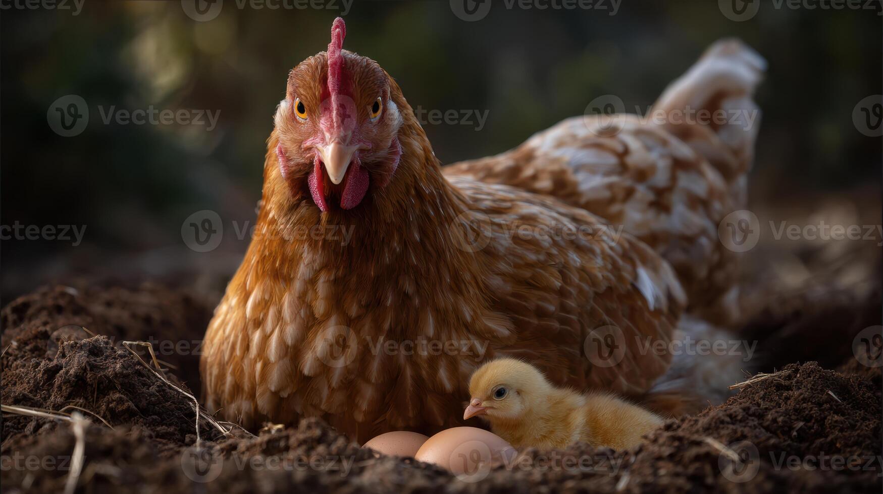 A mother hen shelters her baby chick and eggs in a rustic nest embodying natural motherhood and sustainable farm life photo