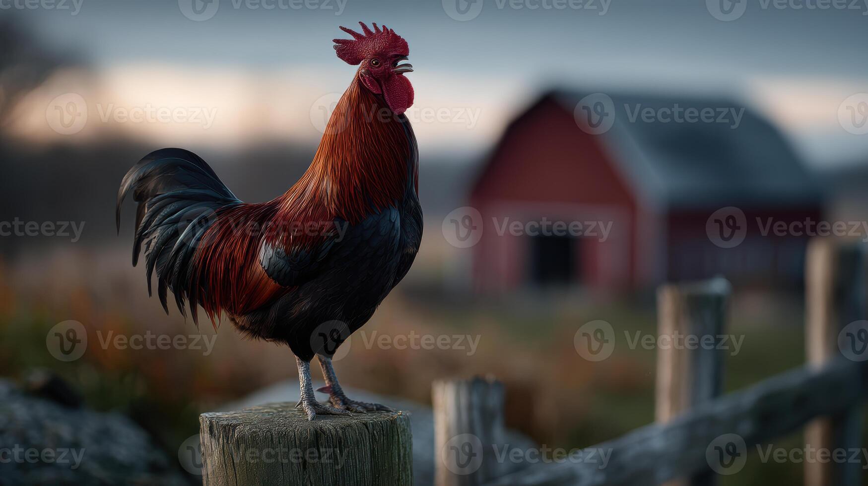 Majestic rooster perched on fence post with a classic red barn in the soft light of the countryside farm at sunset photo