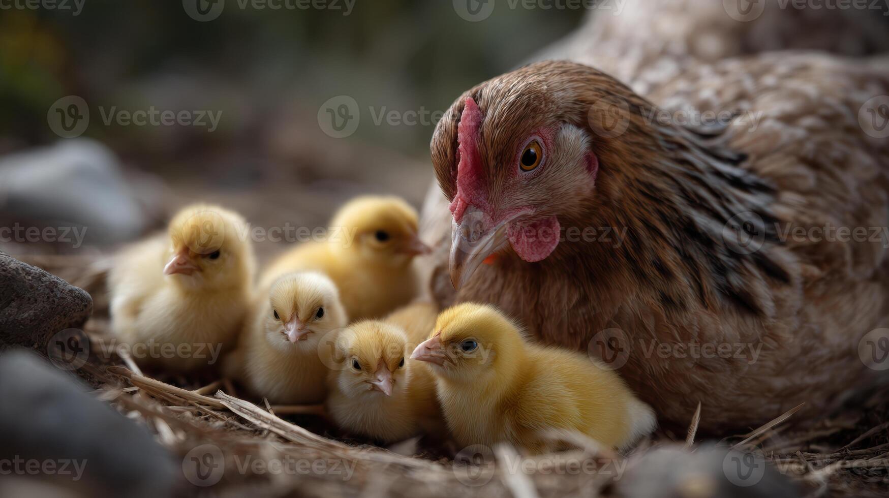 Mother hen tenderly guards her adorable yellow chicks in a nest embodying family and springtime renewal photo