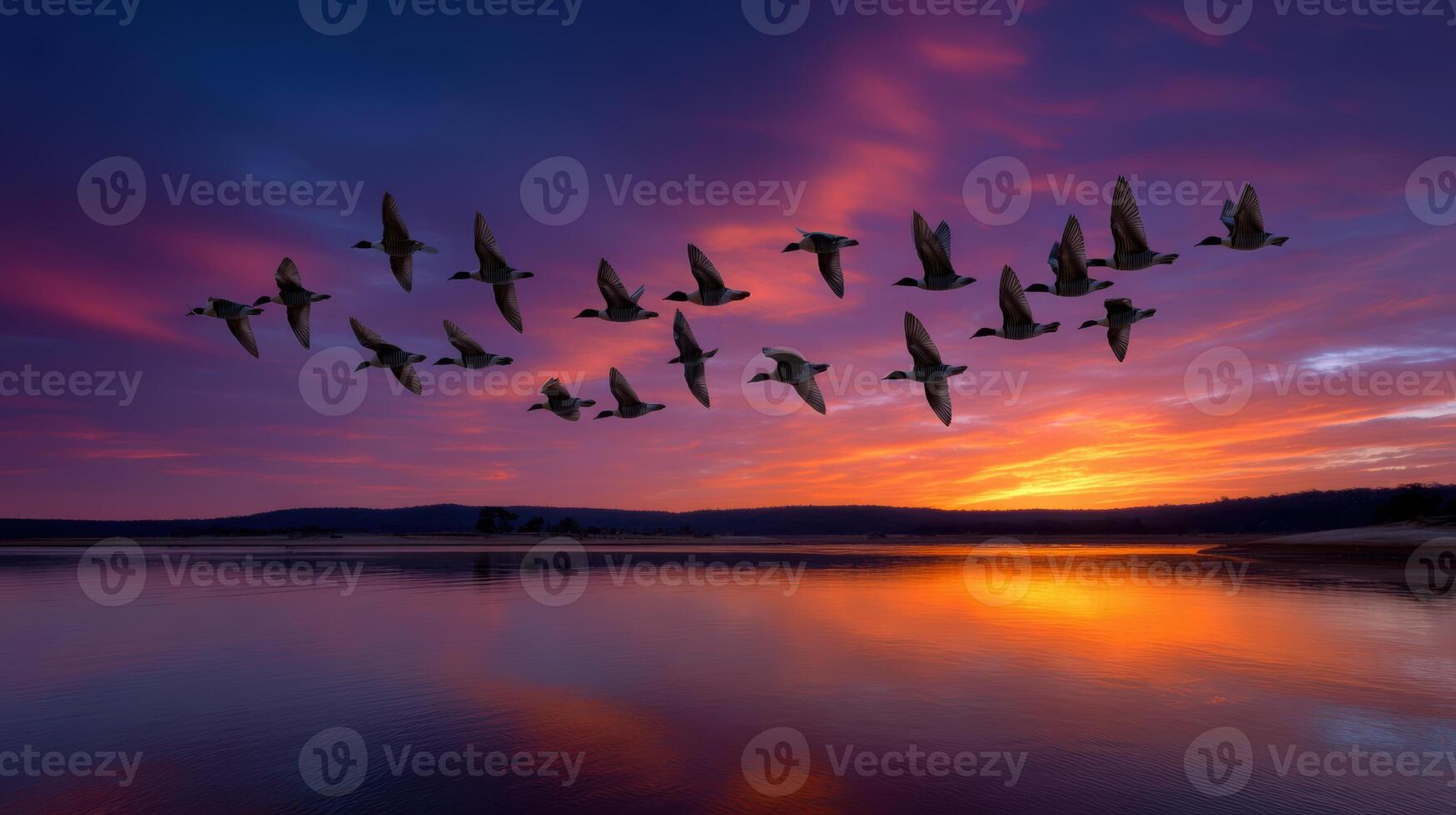 Tranquil lake reflects vibrant sunset with birds flying in beautiful formation across the calm scenic nature landscape photo