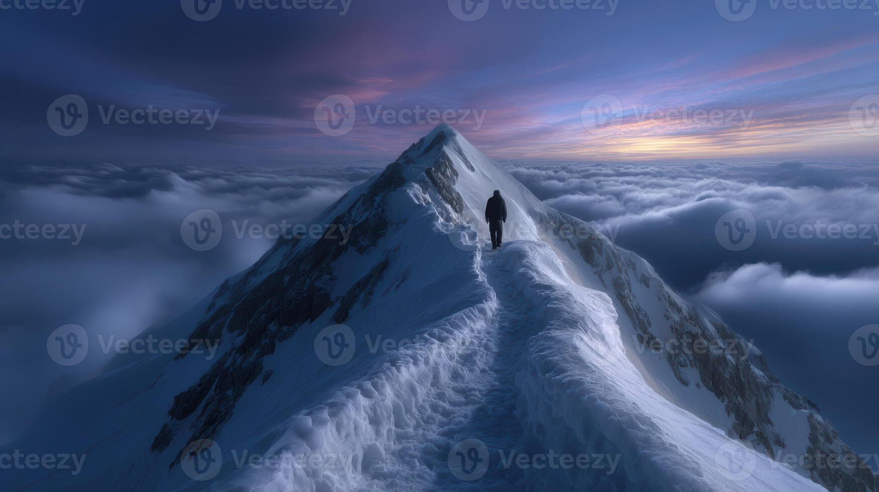 Conquering a snowy mountain peak at dawn with a hiker amid the clouds offering freedom and adventure photo
