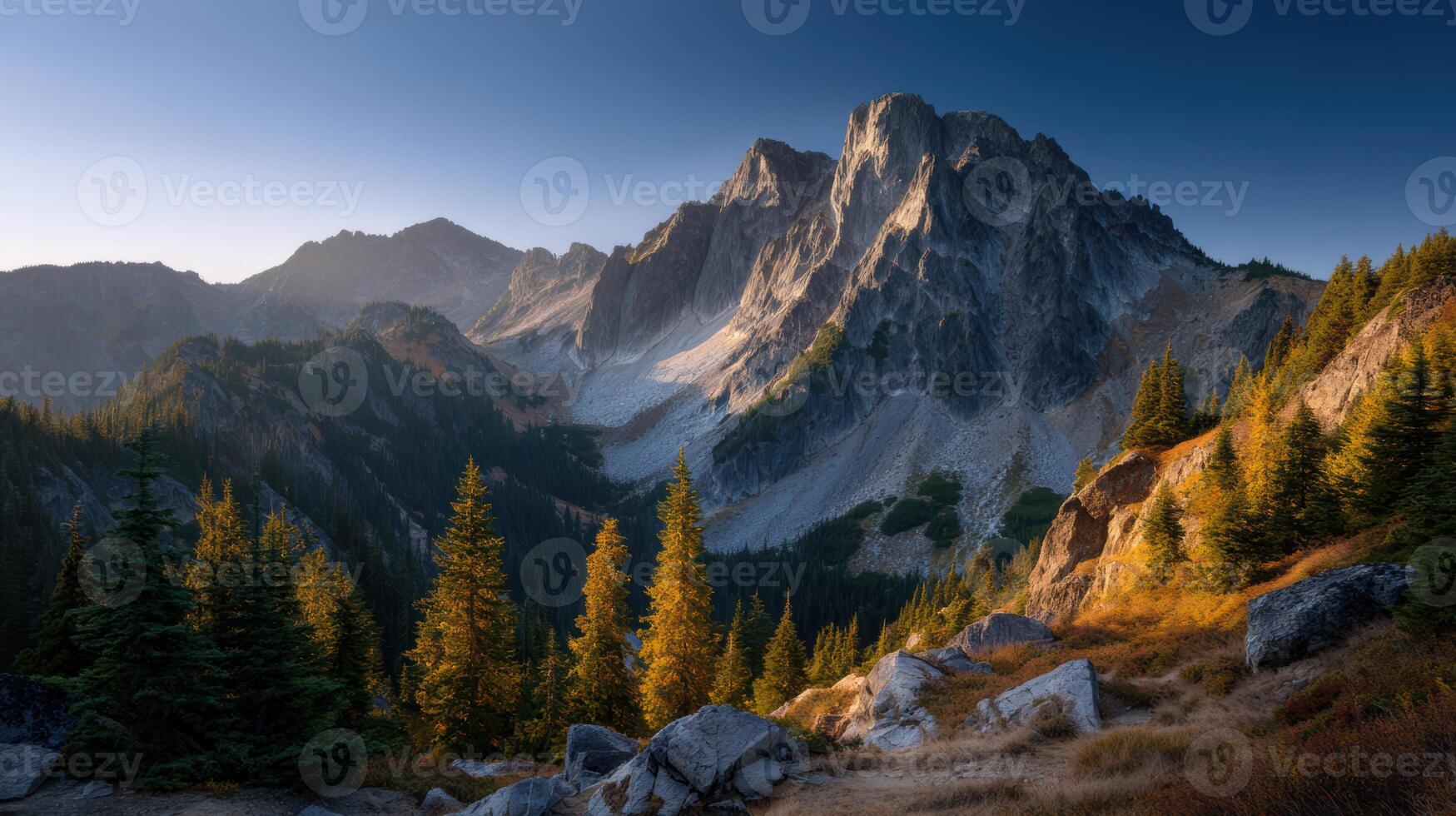 Majestic mountain landscape showcases stunning alpine scenery pristine wilderness and breathtaking panoramic views under clear skies photo