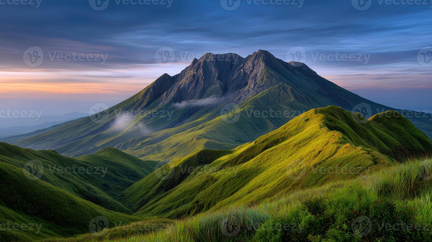 Majestic mountain peak rises over lush green ridges under a beautiful sunset sky creating an inviting natural landscape photo