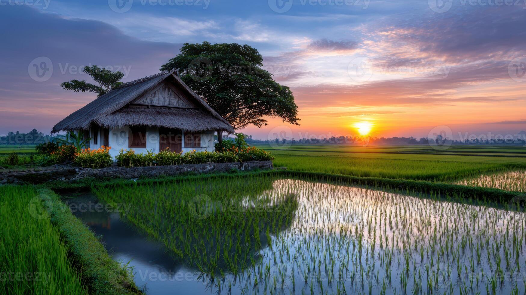 Idyllic Bali sunrise paints rice terraces and a traditional house in a serene rural landscape creating a tranquil travel scene photo