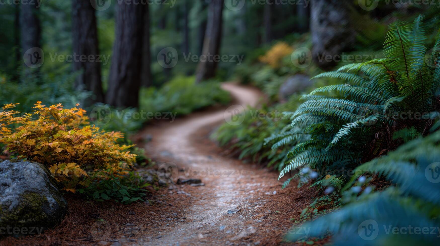 Winding forest path amidst vibrant green ferns and trees creates a serene natural landscape for exploration and tranquility photo