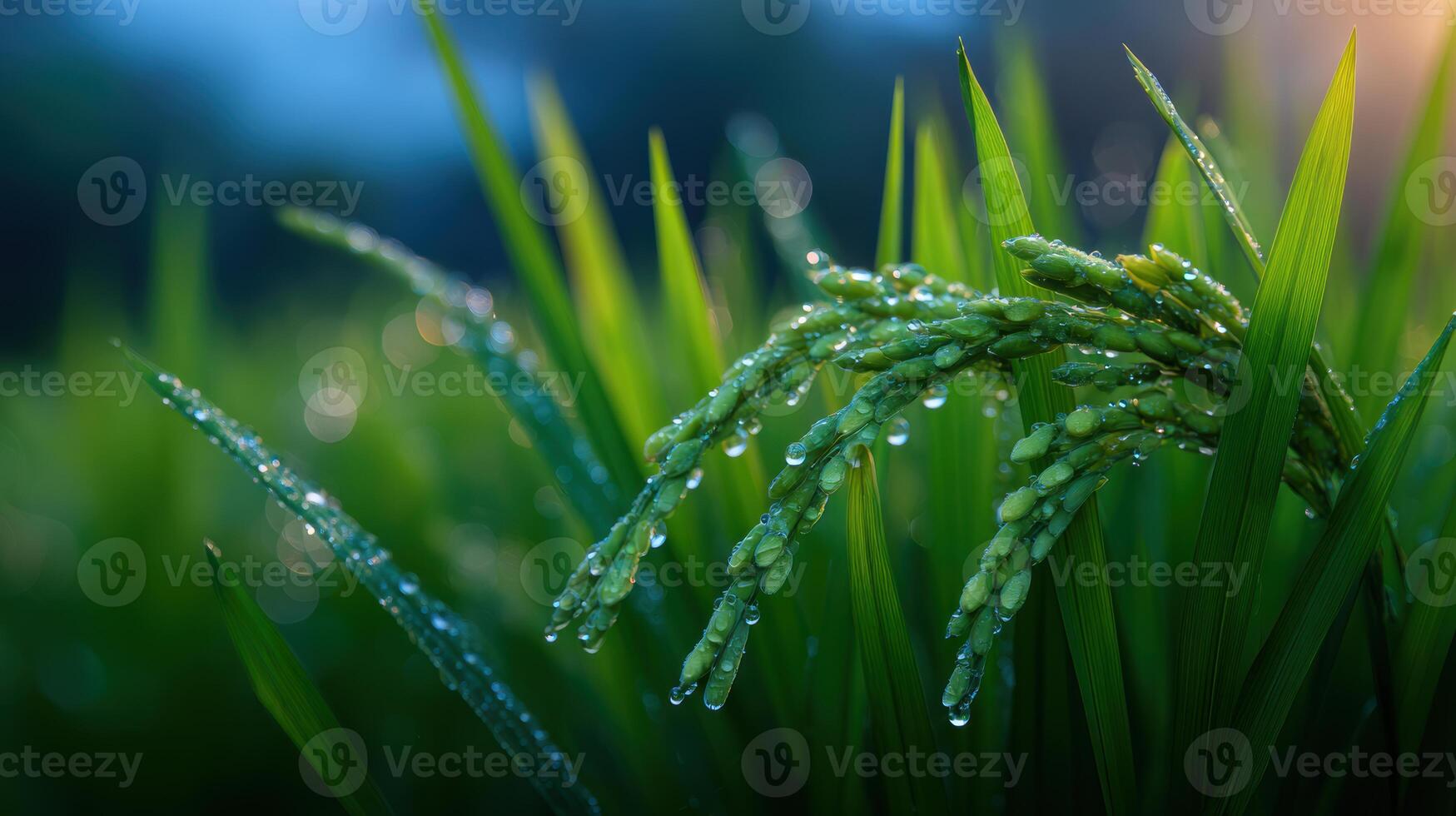 Lush green paddy rice glistens with morning dew in a vibrant agricultural field ready for harvest season photo