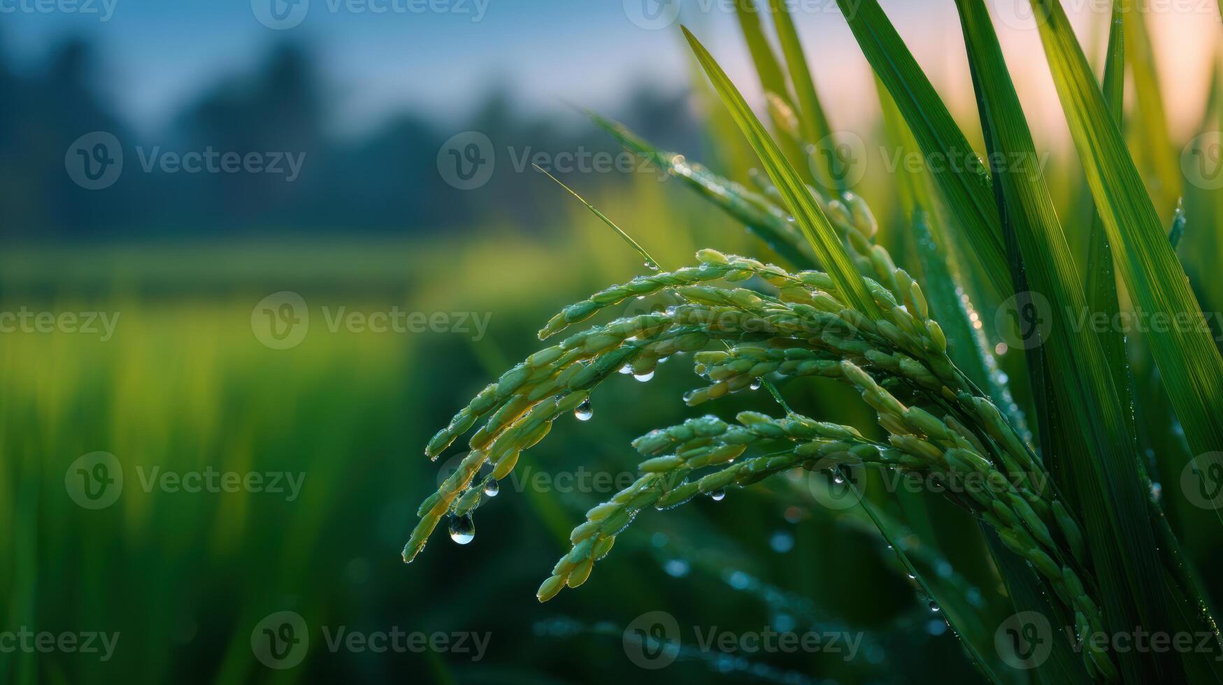 Lush green rice paddy field glistens with morning dew drops in the serene countryside at sunrise photo