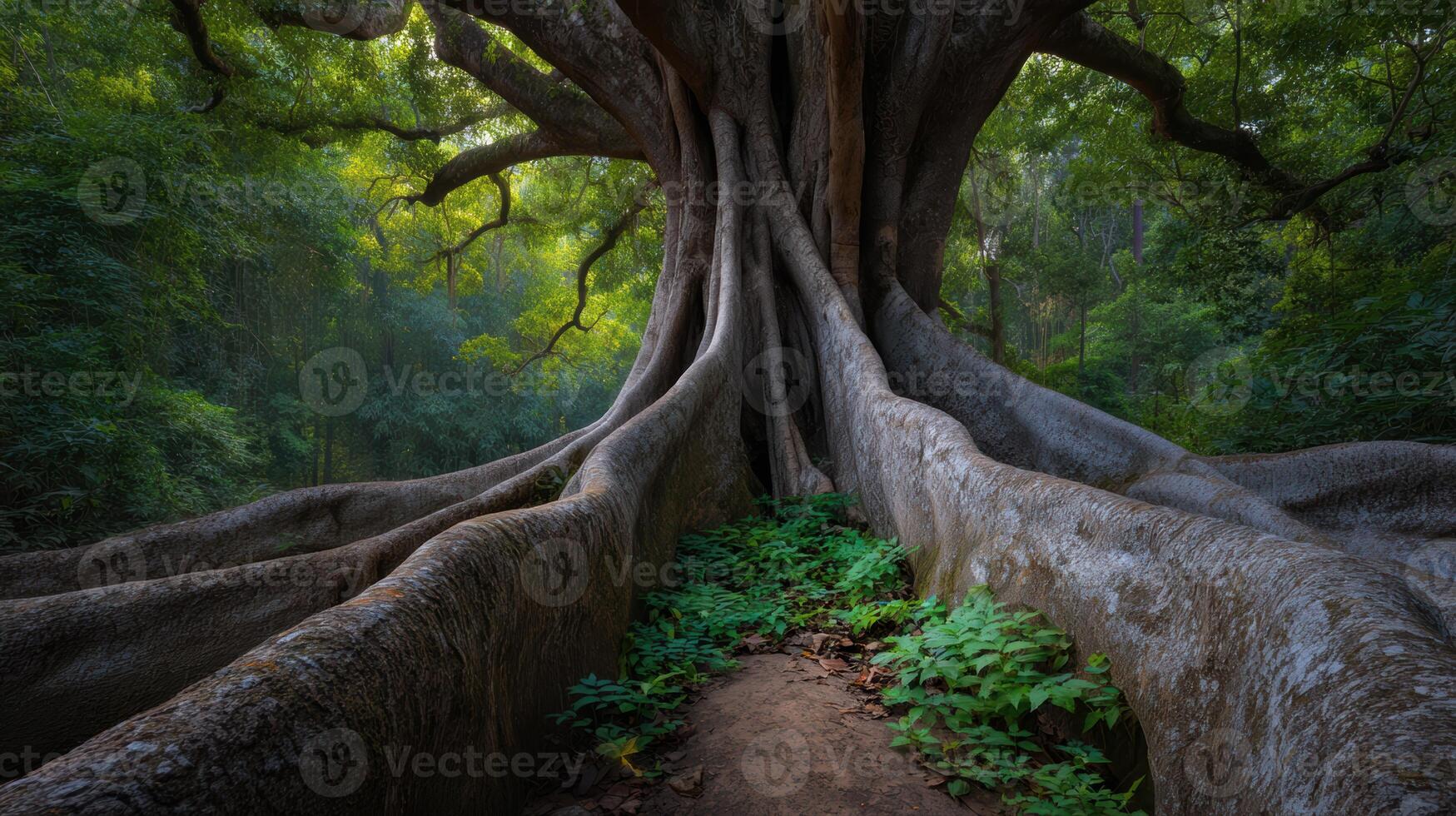 Enormous tree with its expansive root system creating natures tunnel amid vibrant forest environment and lush foliage photo