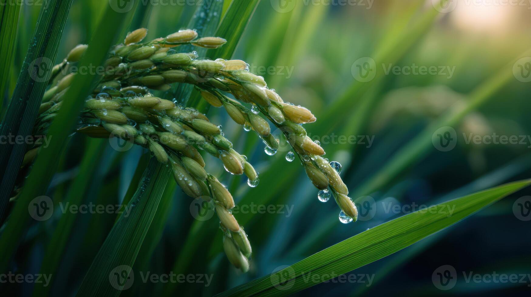 Lush green rice paddy glistens with fresh dew drops offering a peaceful glimpse into the beauty of sustainable agriculture photo