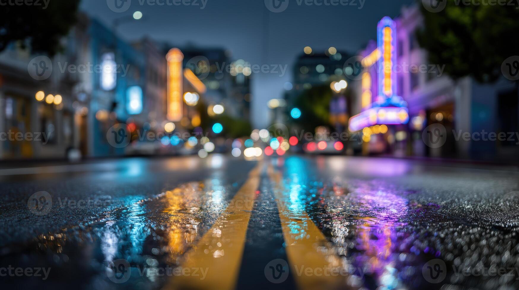 Mesmerizing reflections of city lights on a rain-soaked street create a vibrant and captivating urban night scene photo