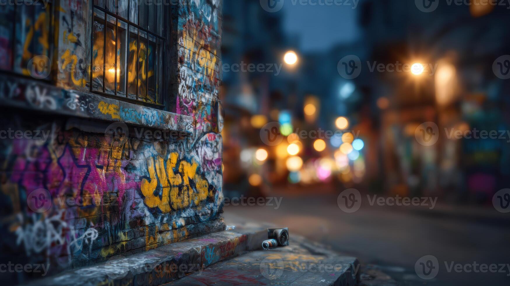 Vibrant graffiti art illuminates a dark urban street with blurred lights casting a dreamy glow on the unique textures photo
