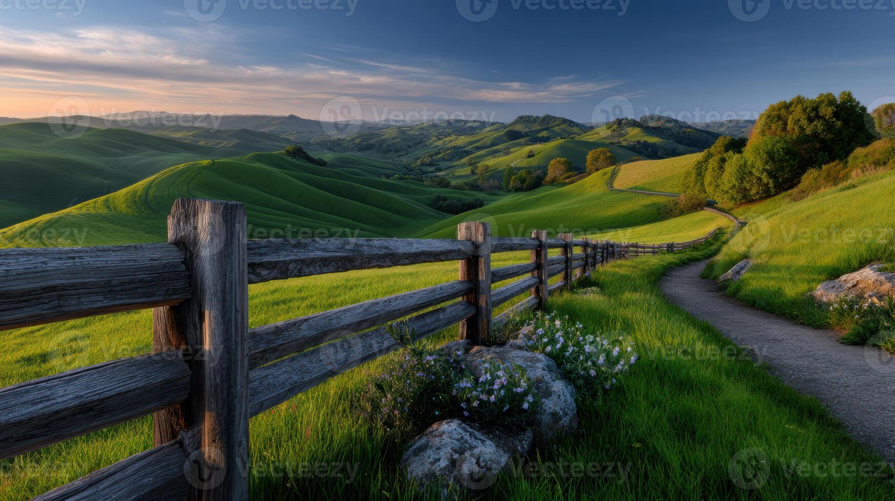 Rolling green hills and wooden fence create a peaceful and scenic rural landscape at sunset perfect for nature lovers photo