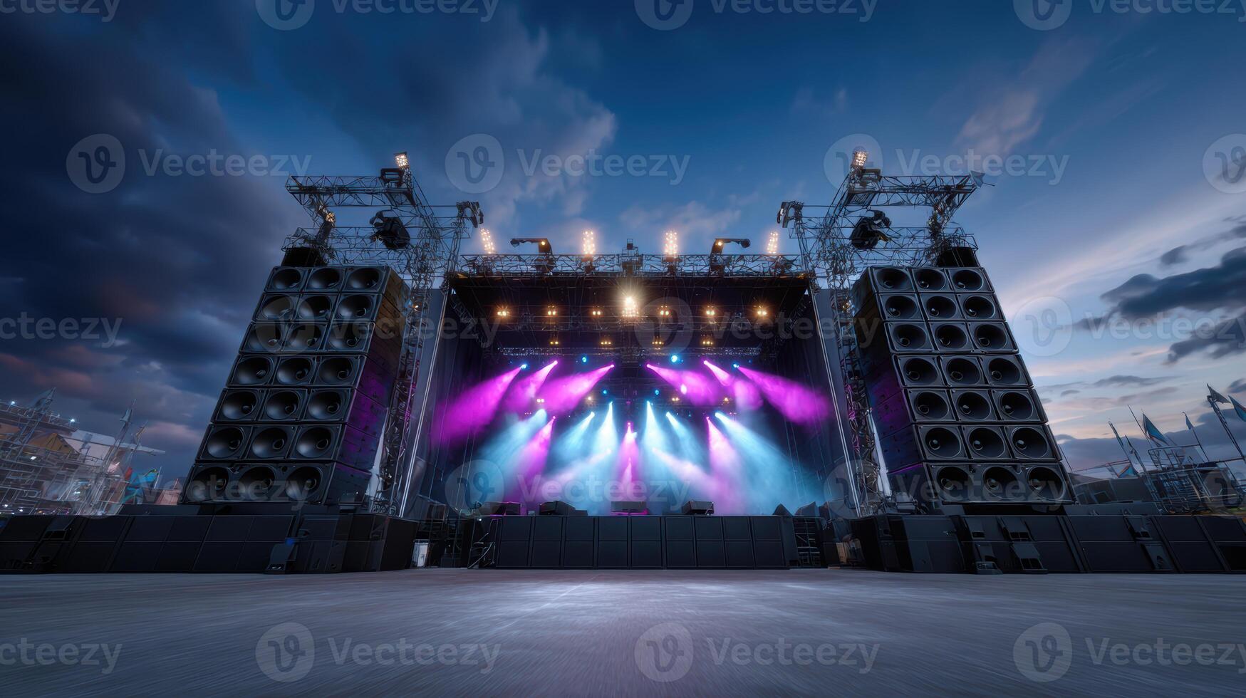 Illuminated concert stage glows at dusk ready for music festival entertainment and bright stage lighting performance photo