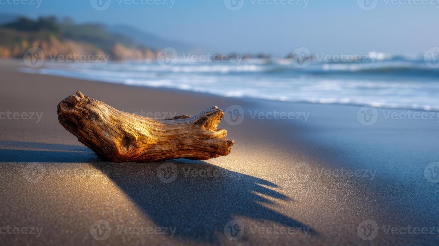 Golden light on driftwood at the beach evokes tranquility and a connection with natures beauty photo