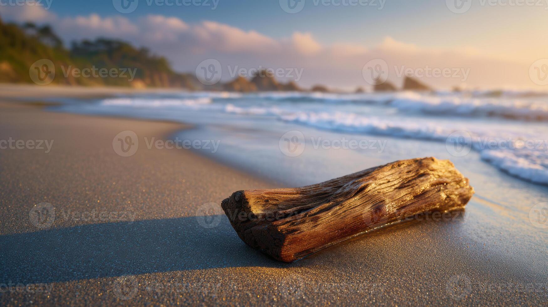 Golden sunlight warms driftwood on a sandy beach at sunset creating a peaceful coastal scene photo